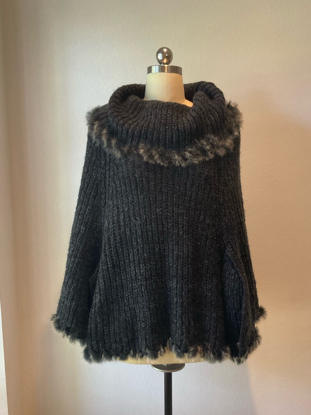 Cozy Charcoal Funnel Neck Fox Fur Trim poncho/cape handmade wool & fur